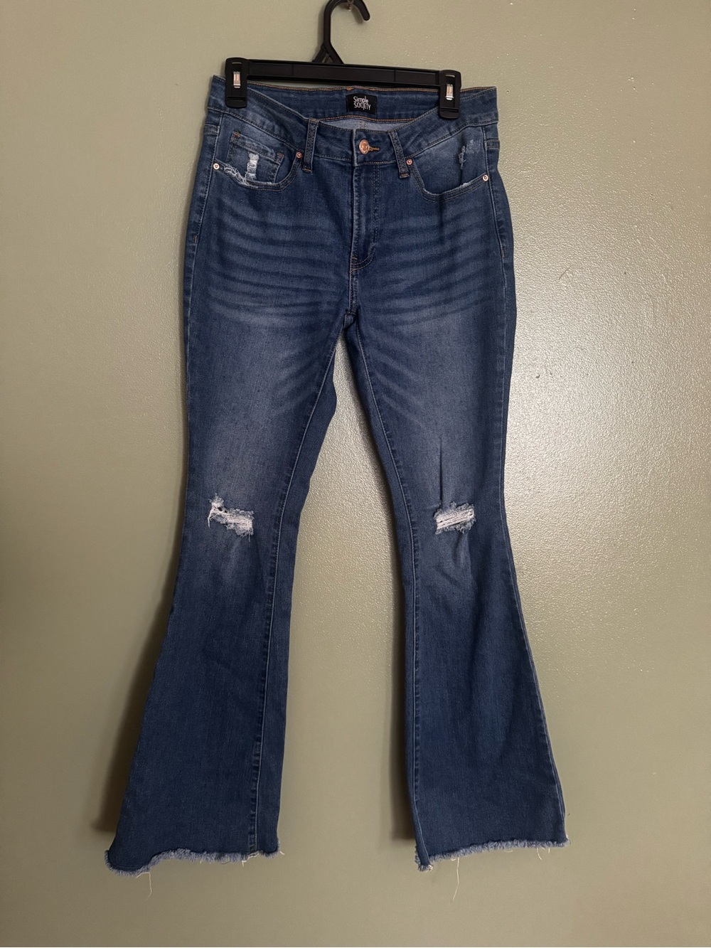 Simple Society Women’s Blue Medium Wash Mid Rise Distressed Flare Jeans 29
